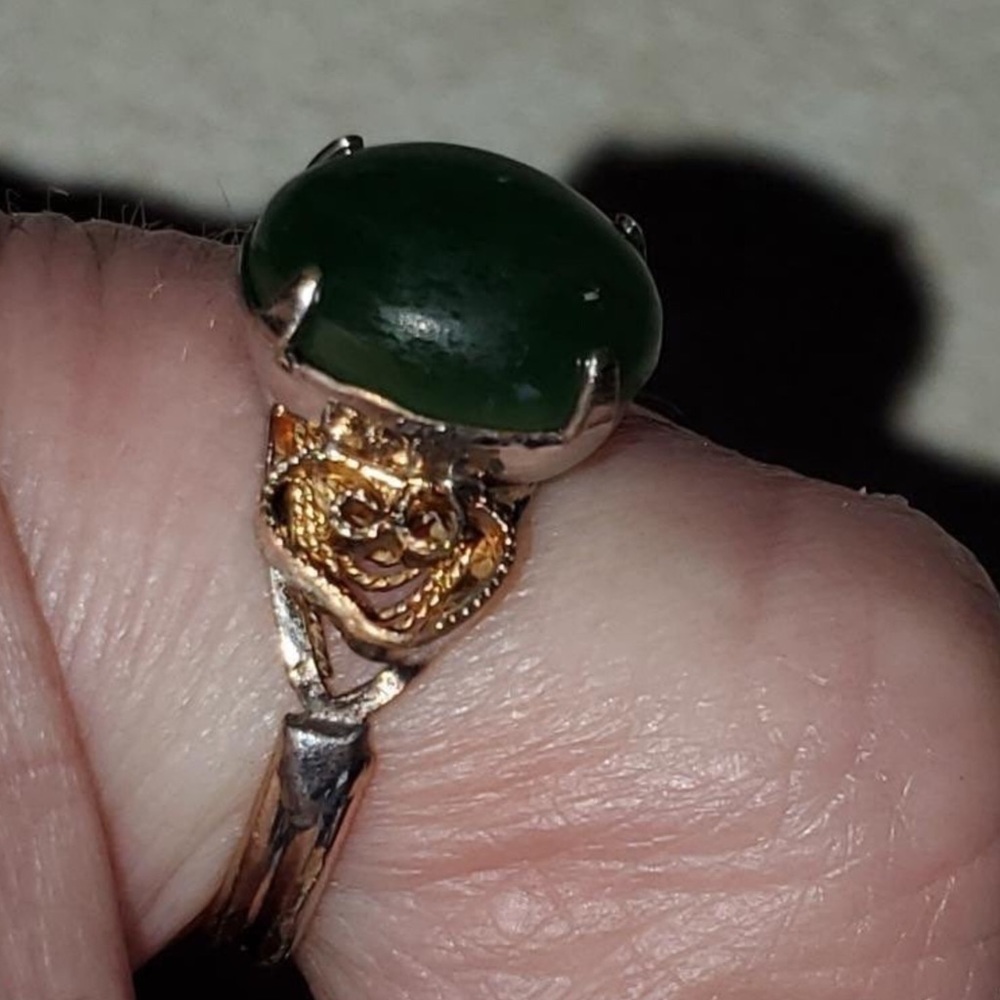 Gold-Tone Ring with Green Cabochon Gemstone
